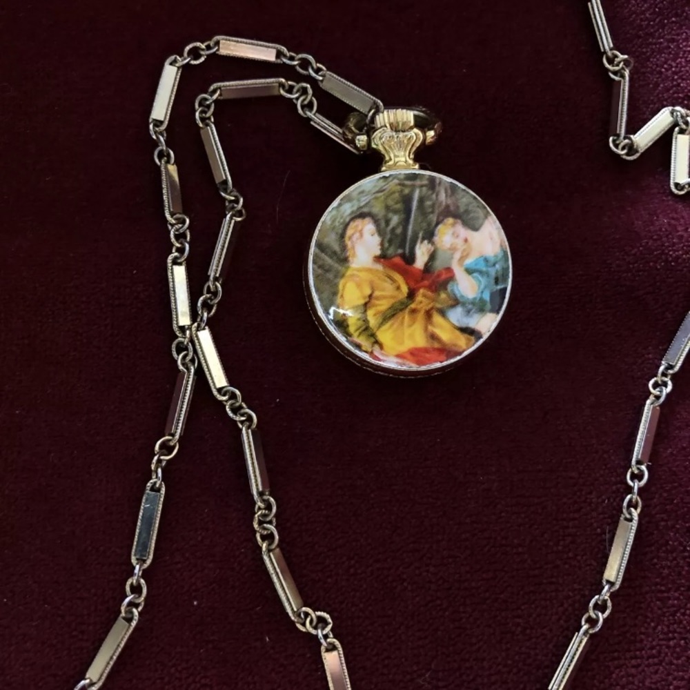 Antique Grovana Painting Portrait Gold Working Mechanical Pendant Watch Necklace
